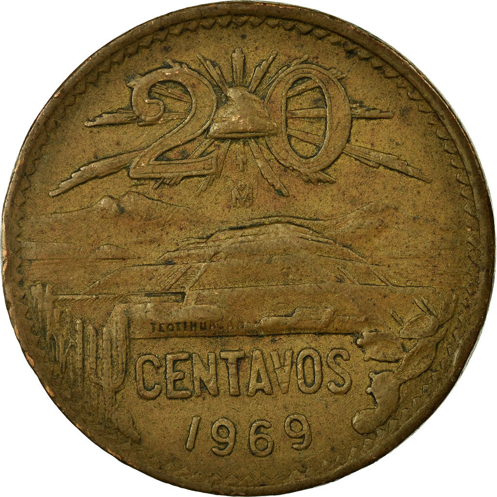 Moneda, México, 20 Centavos, 1969, Mexico City, BC+, Bronce, KM:440