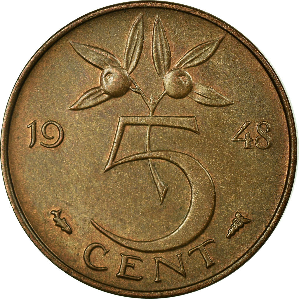 Coin, Netherlands, Wilhelmina I, 5 Cents, 1948, EF(40-45), Bronze, KM:176