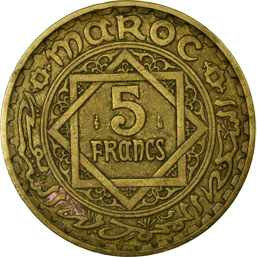 Moneta, Marocco, Mohammed V, 5 Francs, 1945, Paris, MB+, Alluminio-bronzo, KM:43
