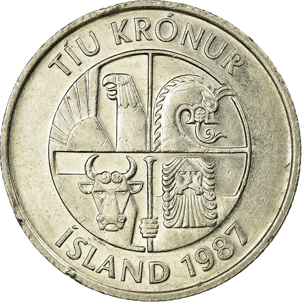 Coin, Iceland, 10 Kronur, 1987, VF(30-35), Copper-nickel, KM:29.1