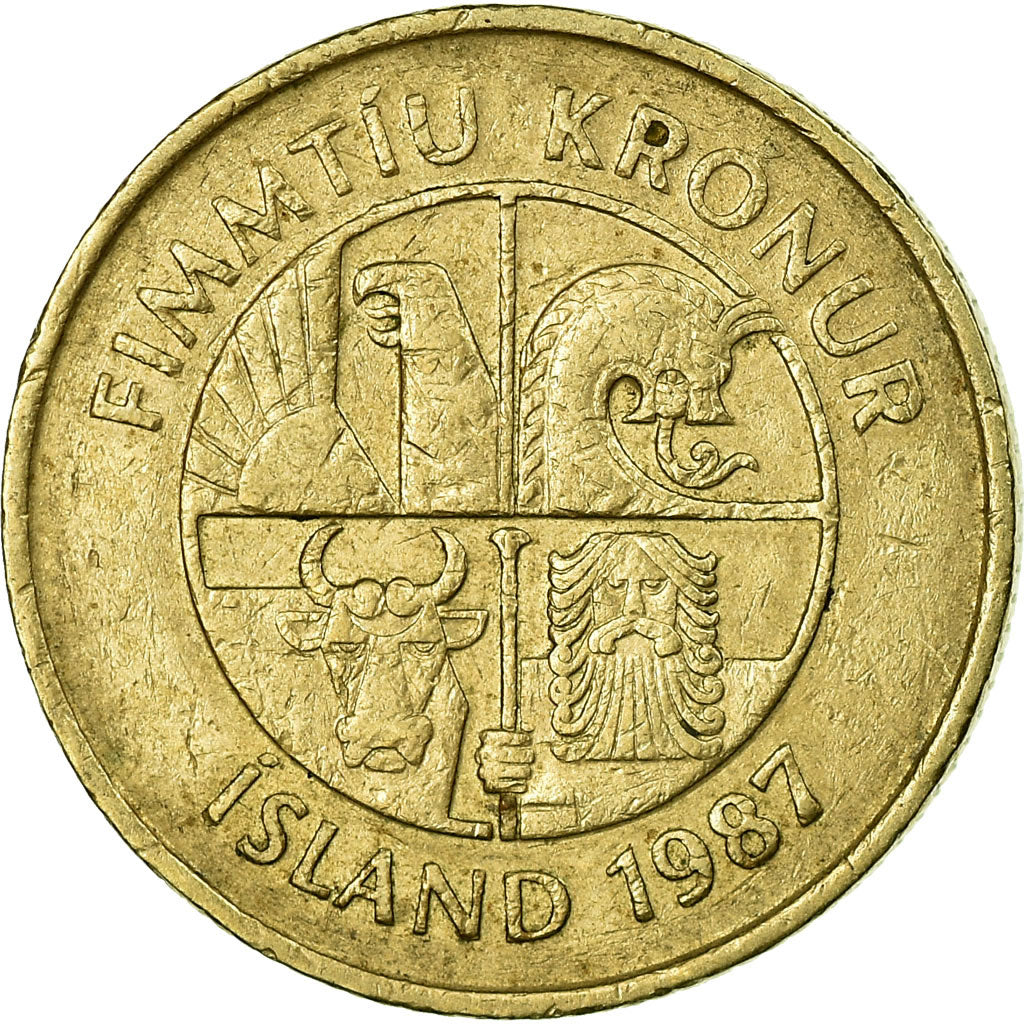 Münze, Iceland, 50 Kronur, 1987, S+, Nickel-brass, KM:31