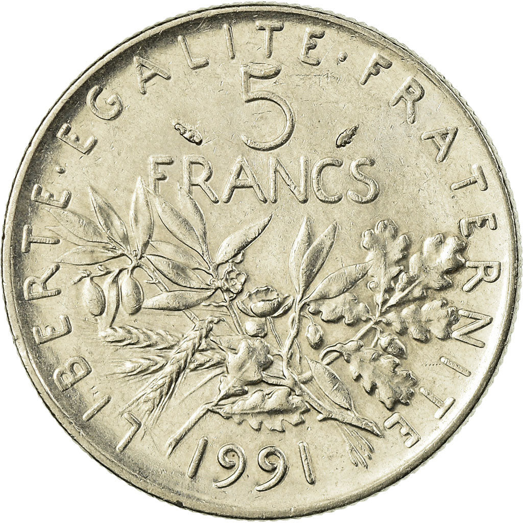Moeda, França, Semeuse, 5 Francs, 1991, Paris, EF(40-45), Cobre-Níquel