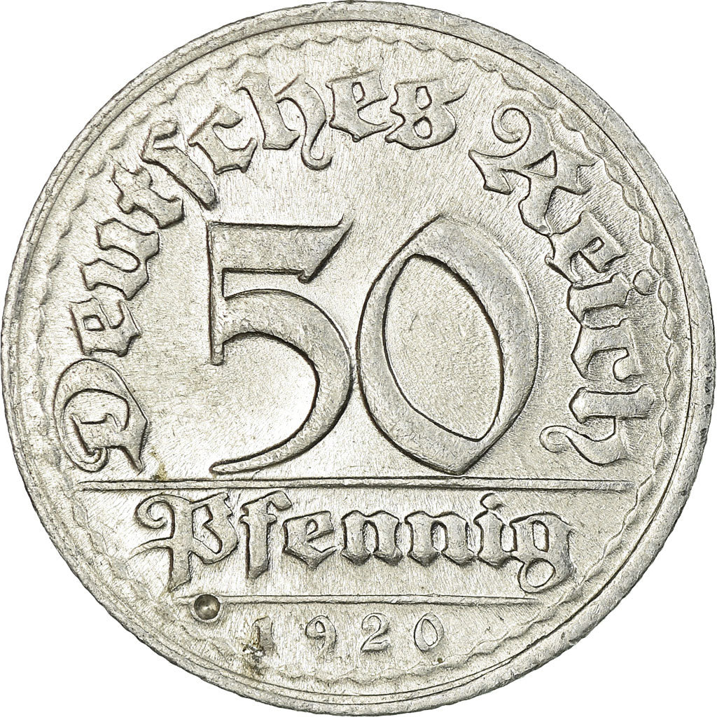 Coin, GERMANY, WEIMAR REPUBLIC, 50 Pfennig, 1920, Munich, EF(40-45), Aluminum