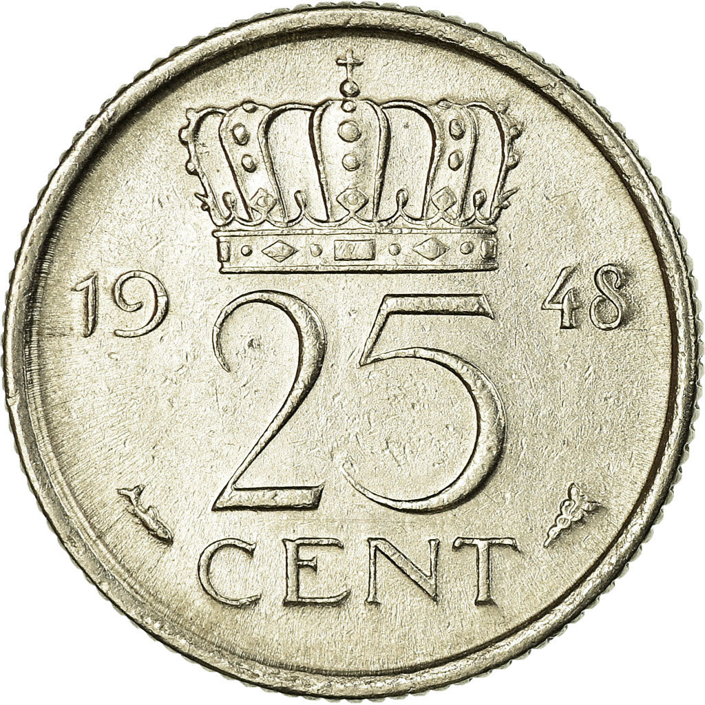 Coin, Netherlands, Wilhelmina I, 25 Cents, 1948, EF(40-45), Nickel, KM:178