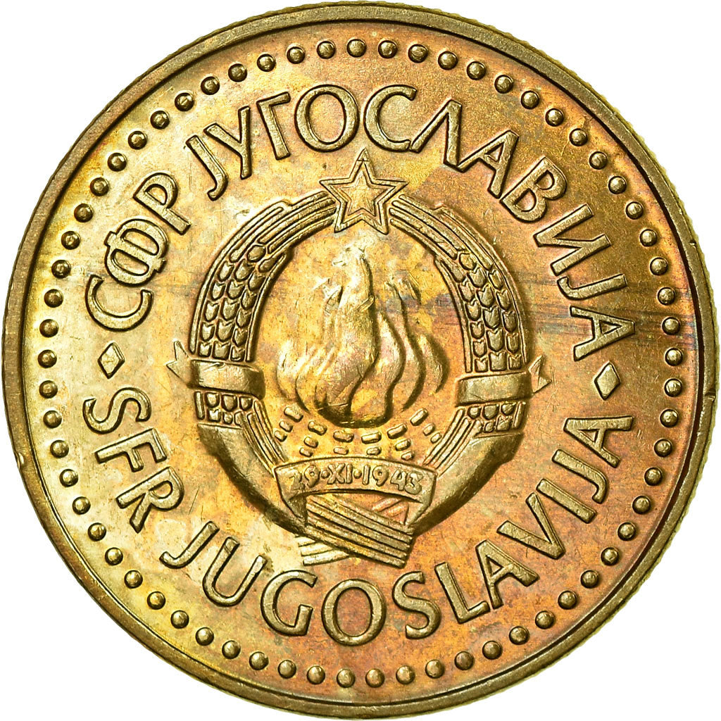 Moneta, Jugosławia, 5 Dinara, 1986, EF(40-45), Mosiądz niklowy, KM:88