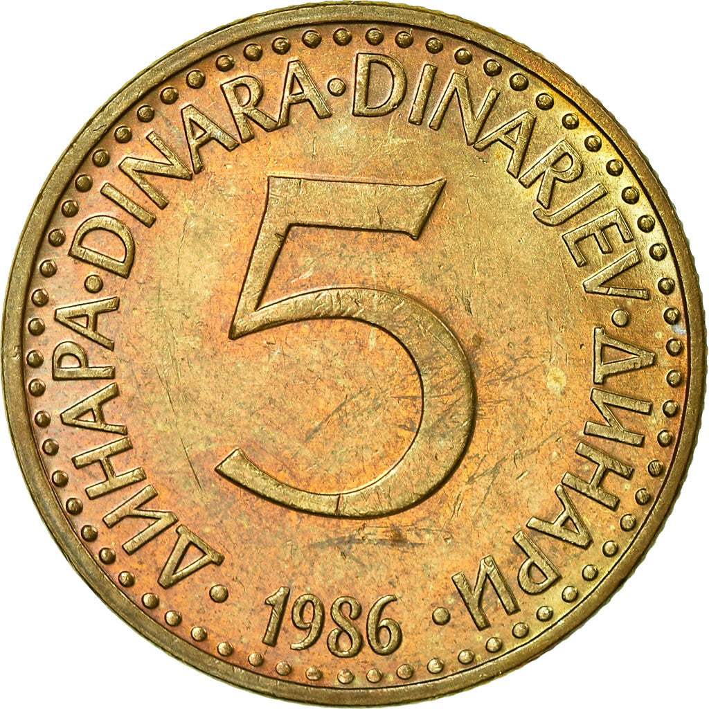 Moneta, Jugosławia, 5 Dinara, 1986, EF(40-45), Mosiądz niklowy, KM:88