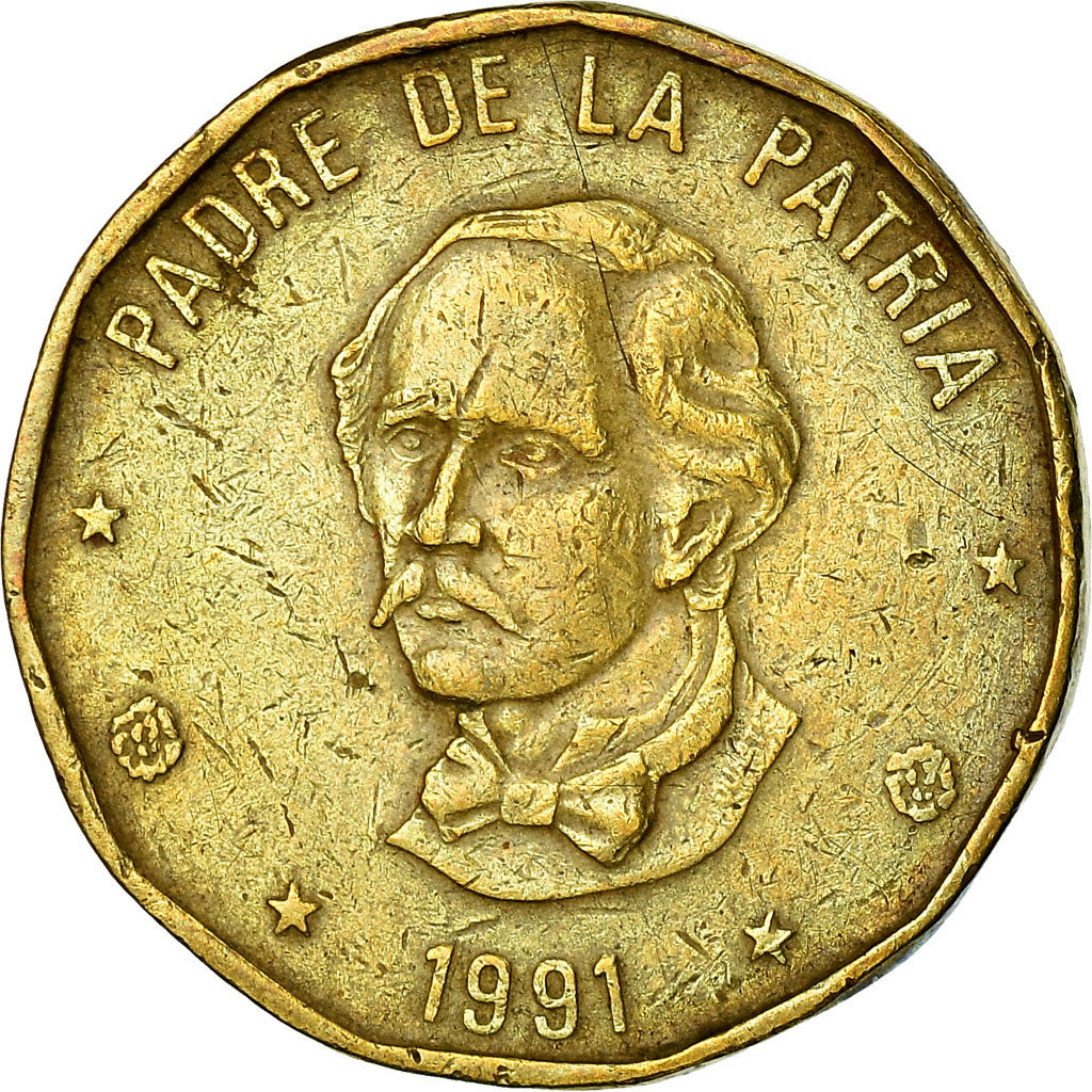 Coin, Dominican Republic, Peso, 1991, EF(40-45), Brass, KM:80.1