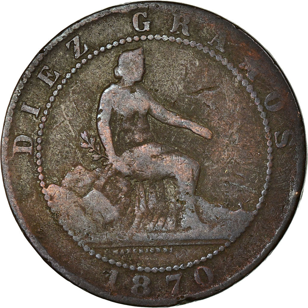 Coin, Spain, Provisional Government, 10 Centimos, Madrid, VF(30-35), Copper