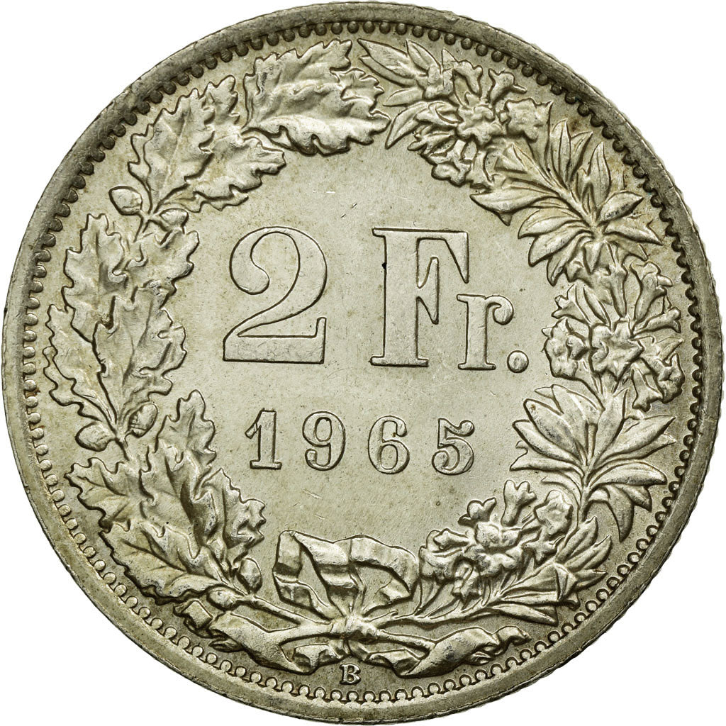 Coin, Switzerland, 2 Francs, 1965, Bern, AU(55-58), Silver, KM:21