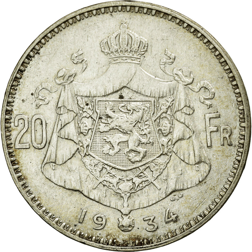 Moneta, Belgio, 20 Francs, 20 Frank, 1934, BB, Argento, KM:104.1