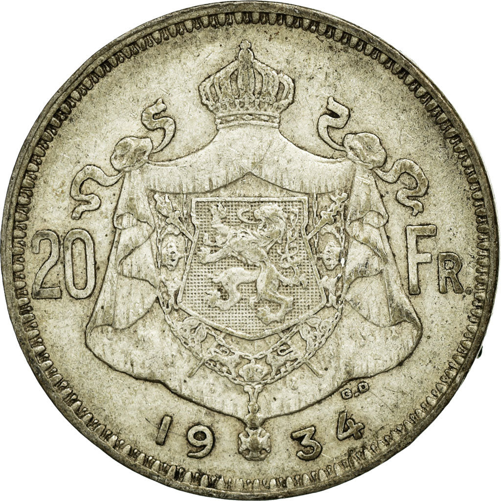 Moneda, Bélgica, 20 Francs, 20 Frank, 1934, BC+, Plata, KM:104.1