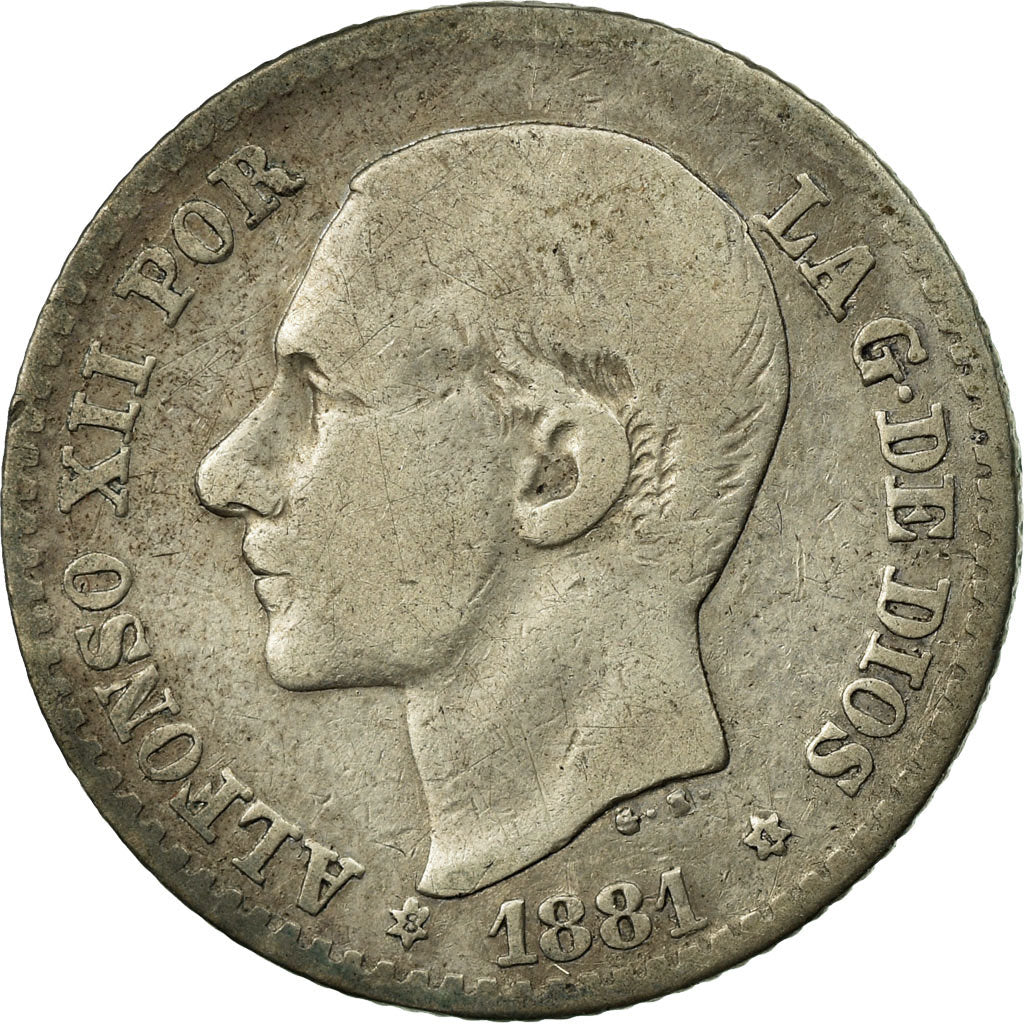 Moneda, España, Alfonso XII, 50 Centimos, 1881, Madrid, BC+, Plata, KM:685