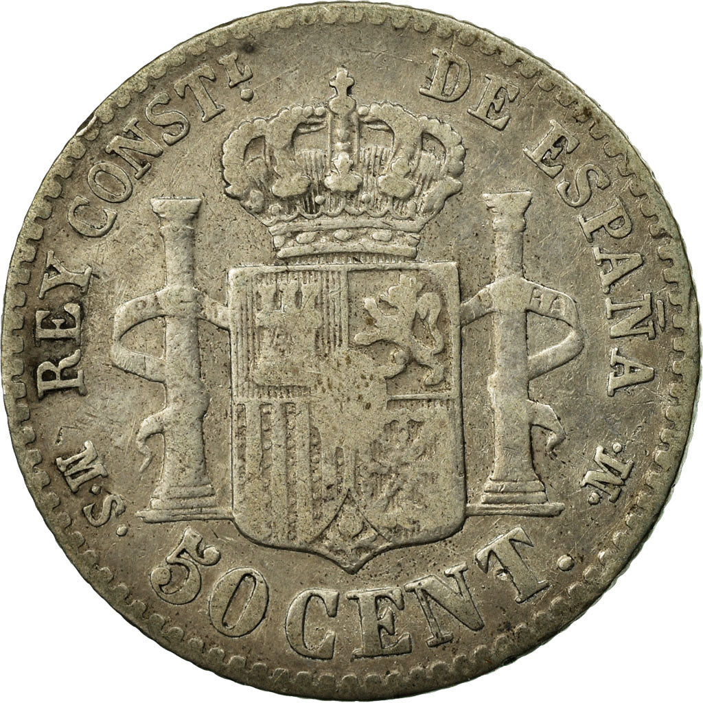 Moneda, España, Alfonso XII, 50 Centimos, 1881, Madrid, BC+, Plata, KM:685