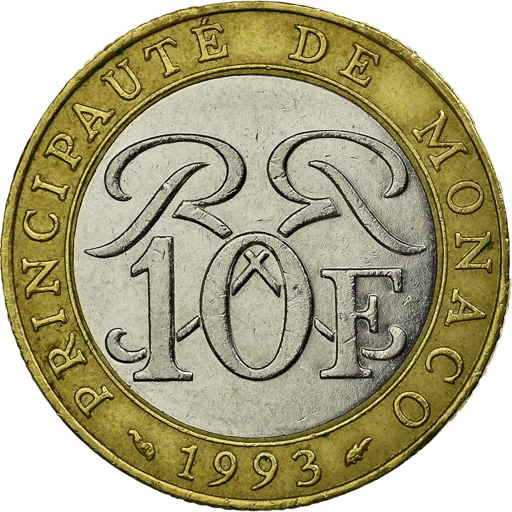 Moeda, Mónaco, Rainier III, 10 Francs, 1993, EF(40-45), Bimetálico, KM:163