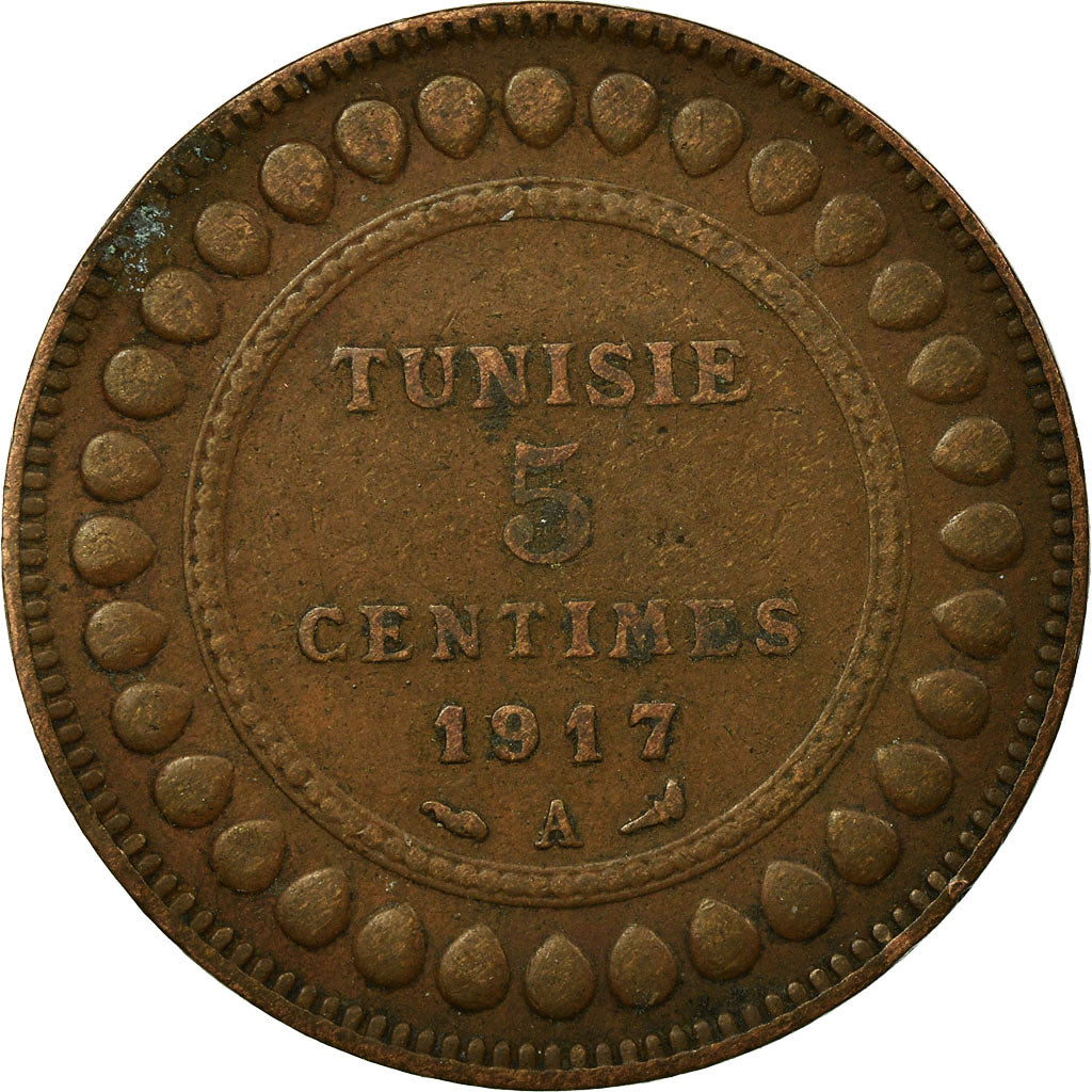 Moeda, Tunísia, Muhammad al-Nasir Bey, 5 Centimes, 1917, Paris, EF(40-45)