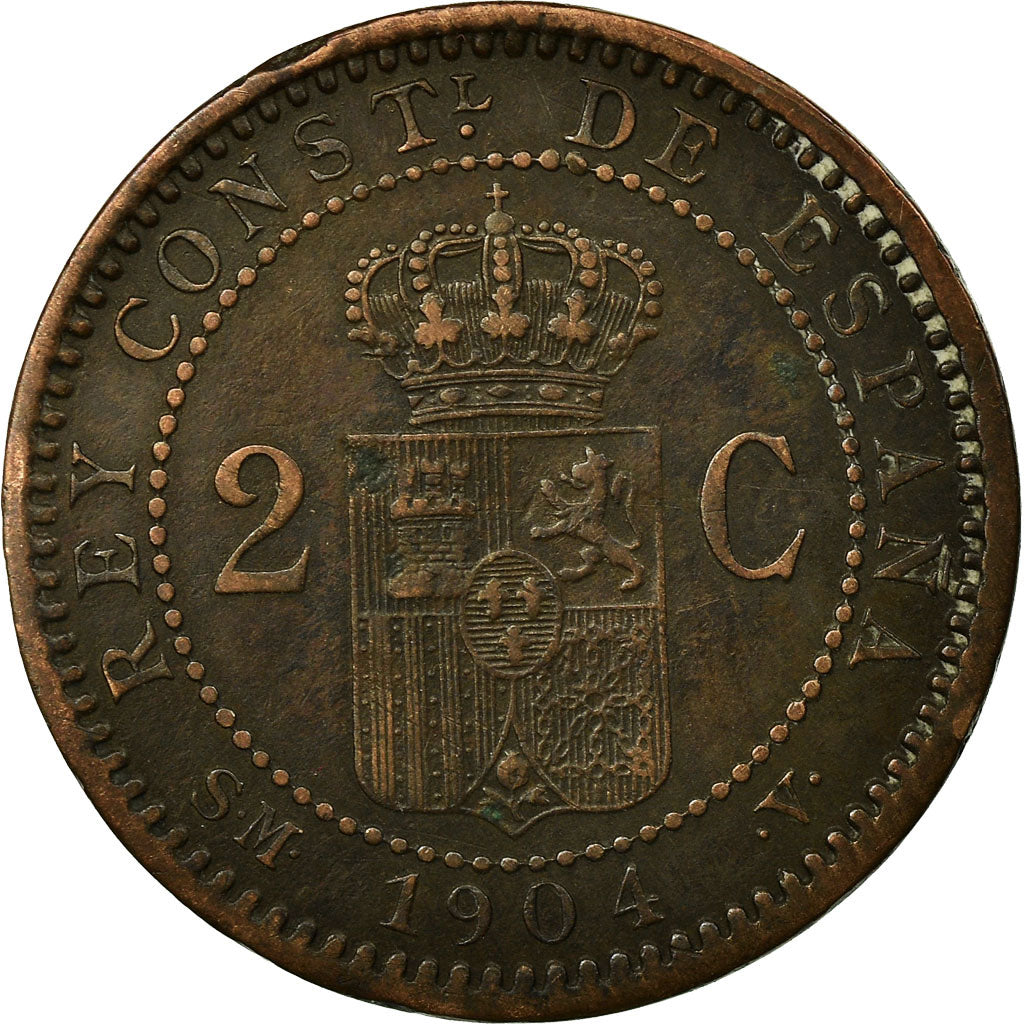 Moneda, España, Alfonso XIII, 2 Centimos, 1904, Madrid, BC+, Cobre, KM:722