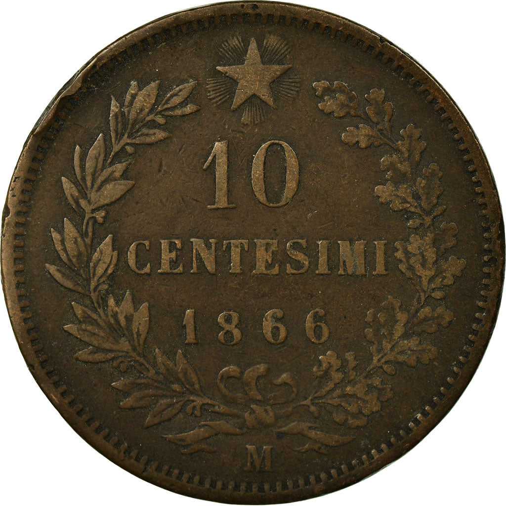 Coin, Italy, Vittorio Emanuele II, 10 Centesimi, 1866, Milan, VF(20-25), Copper