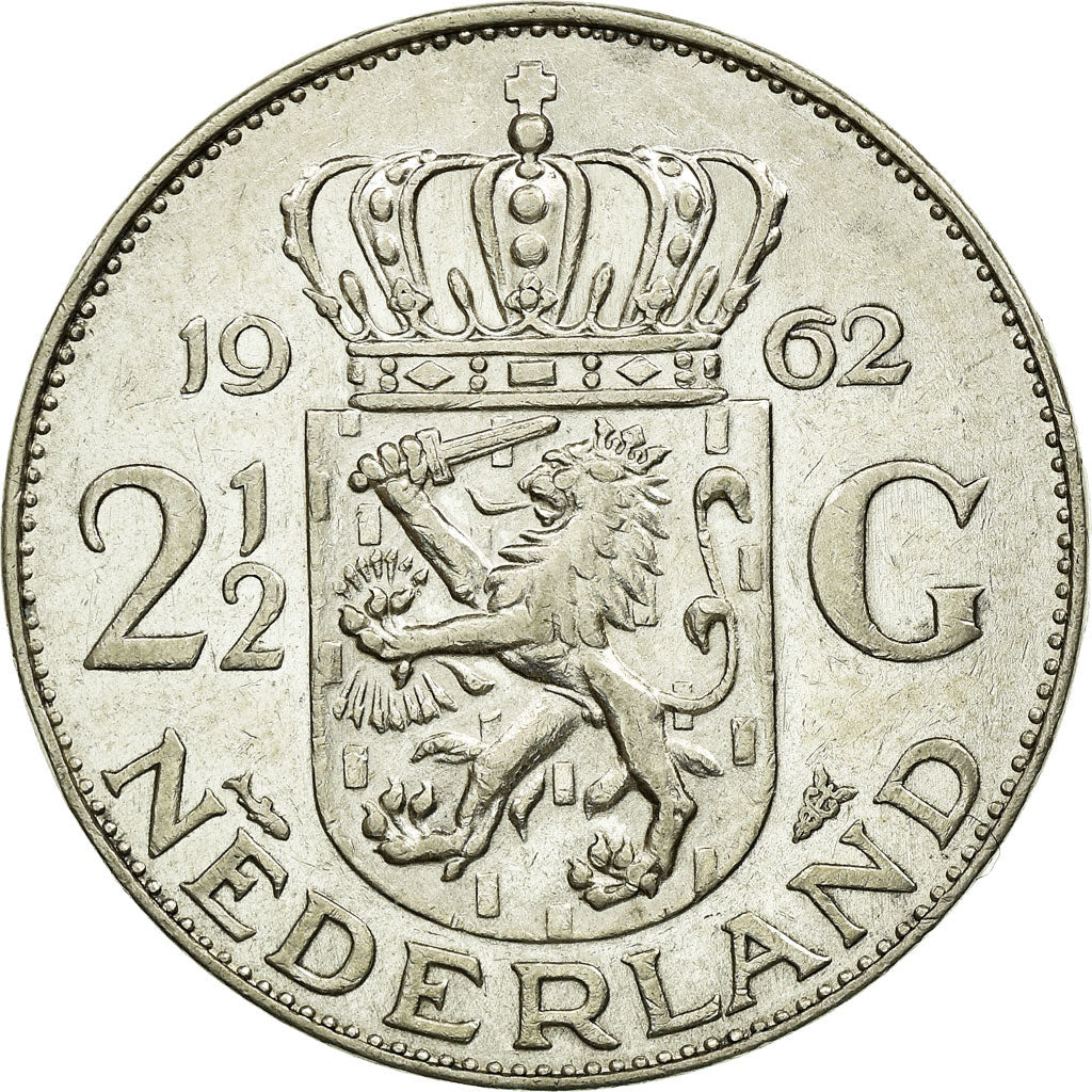 Coin, Netherlands, Juliana, 2-1/2 Gulden, 1962, AU(50-53), Silver, KM:185