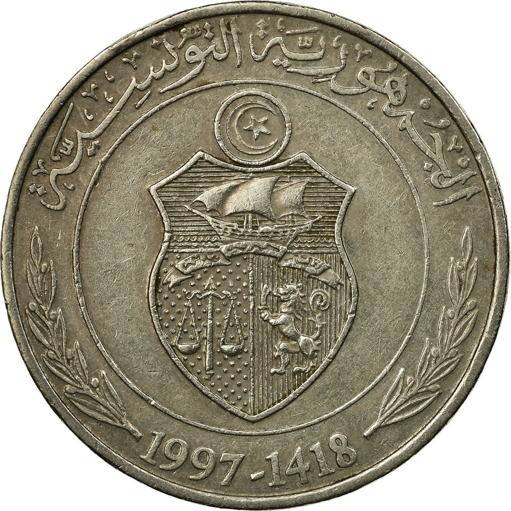 Coin, Tunisia, Dinar, 1997/AH1418, Paris, EF(40-45), Copper-nickel, KM:347