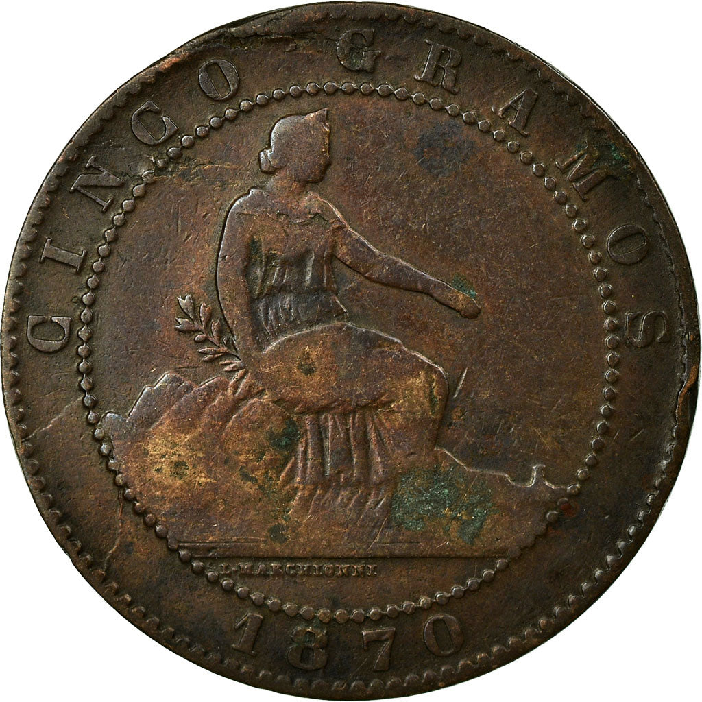Coin, Spain, Provisional Government, 5 Centimos, 1870, Madrid, VF(20-25)