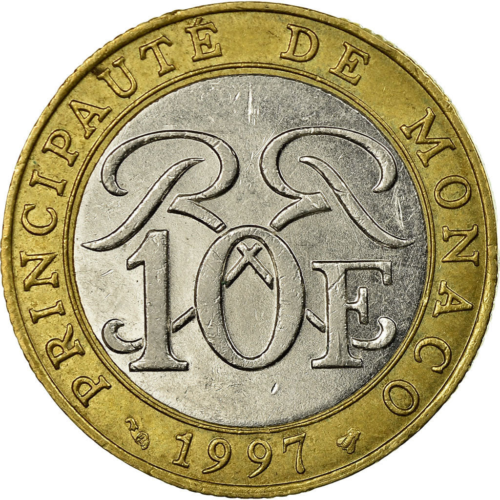 Moeda, Mónaco, Rainier III, 10 Francs, 1997, EF(40-45), Bimetálico, KM:163