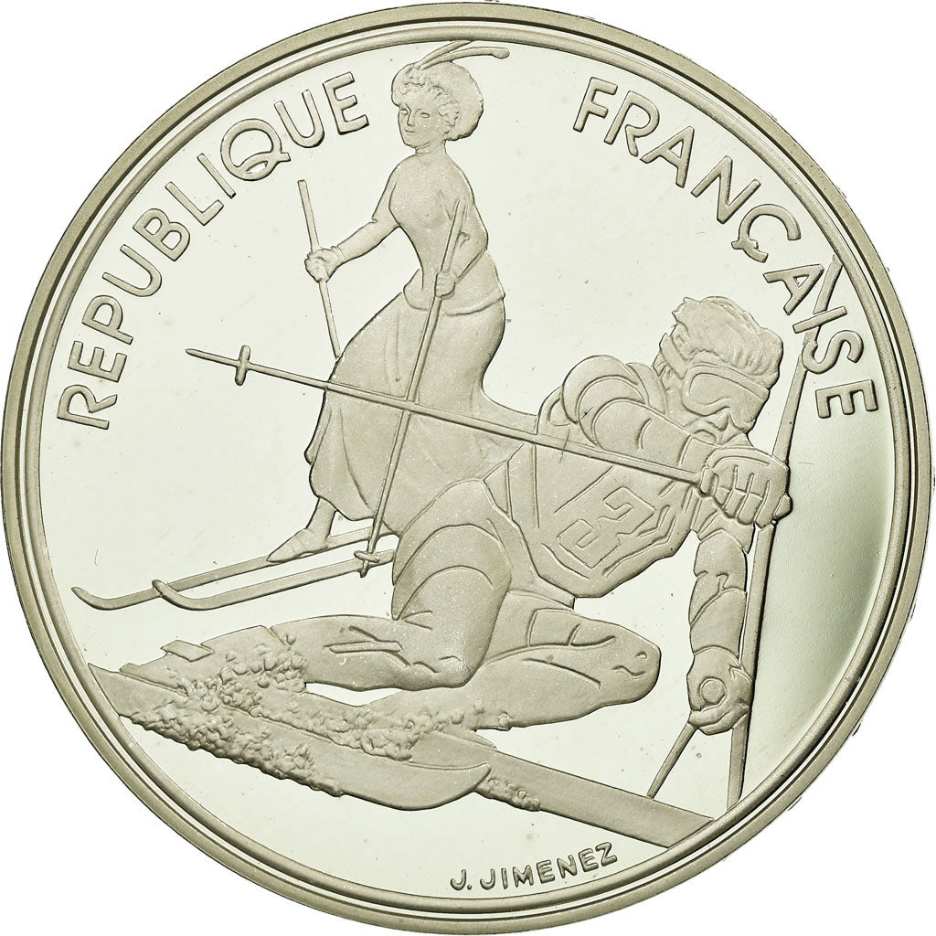 Moneta, Francja, Slalom skiers, 100 Francs, 1990, MS(65-70), Srebro, KM:984