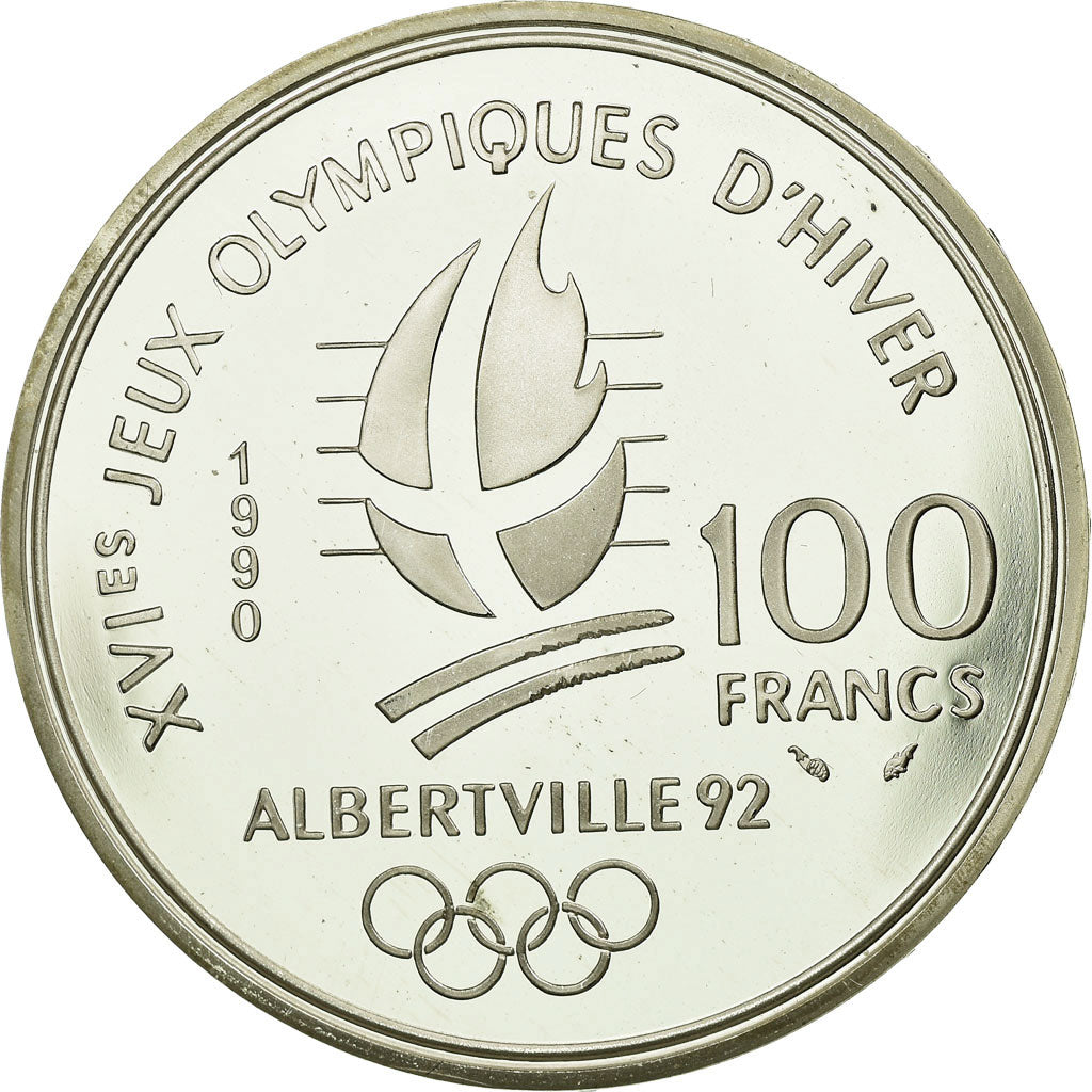 Moneta, Francja, Slalom skiers, 100 Francs, 1990, MS(65-70), Srebro, KM:984