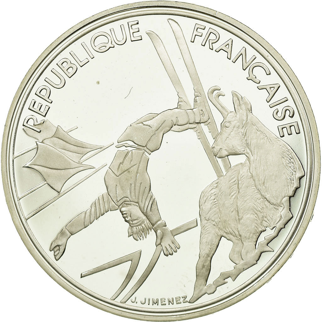 Moneta, Francja, Free-style skier, 100 Francs, 1990, MS(65-70), Srebro, KM:983