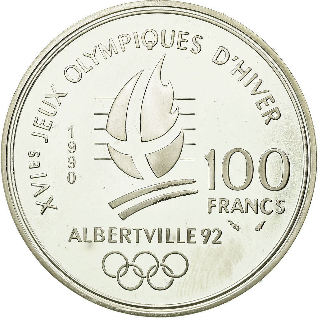 Moneta, Francja, Free-style skier, 100 Francs, 1990, MS(65-70), Srebro, KM:983