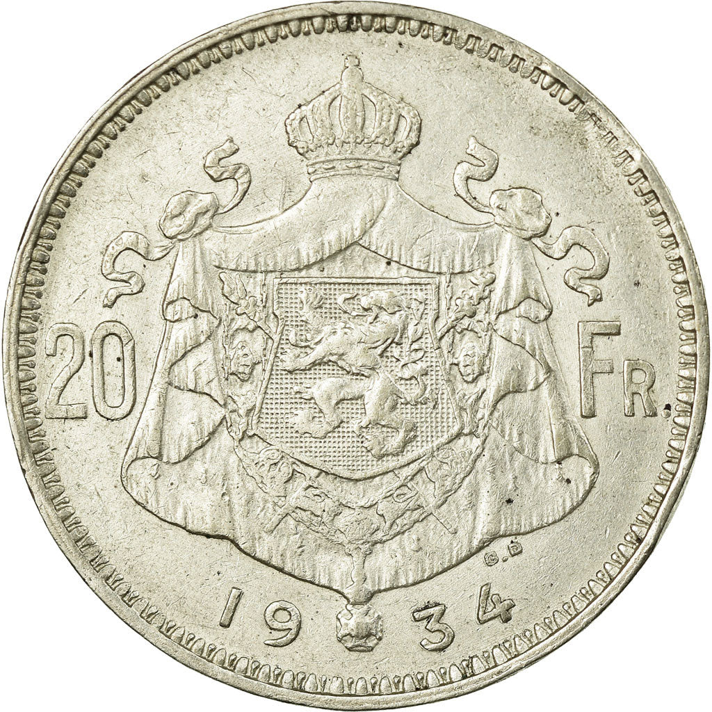Coin, Belgium, 20 Francs, 20 Frank, 1934, EF(40-45), Silver, KM:104.1