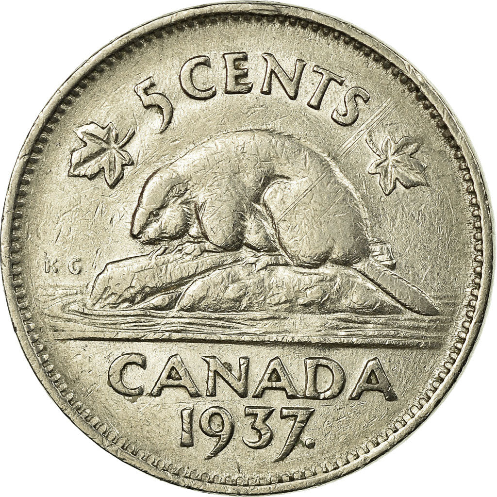 Moneda, Canadá, George VI, 5 Cents, 1937, Royal Canadian Mint, Ottawa, MBC