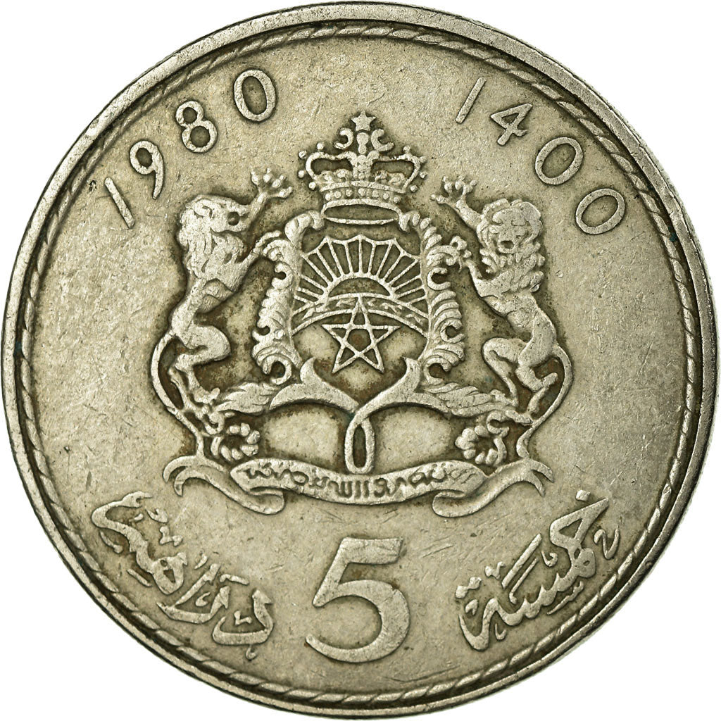Moneda, Marruecos, al-Hassan II, 5 Dirhams, 1980/AH1400, Paris, BC+, Cobre -