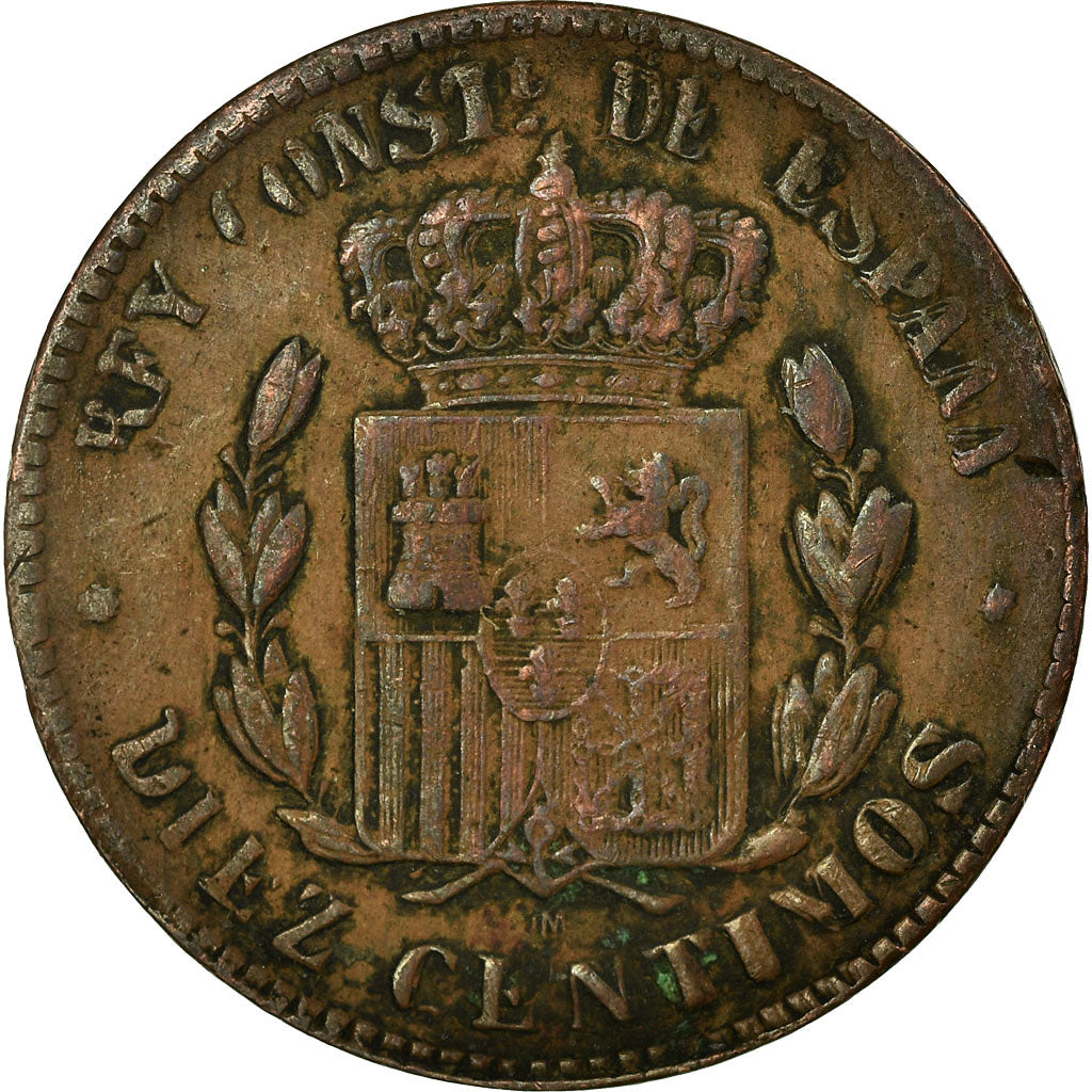 Moneta, Spagna, Alfonso XII, 10 Centimos, 1879, Madrid, MB, Bronzo, KM:675