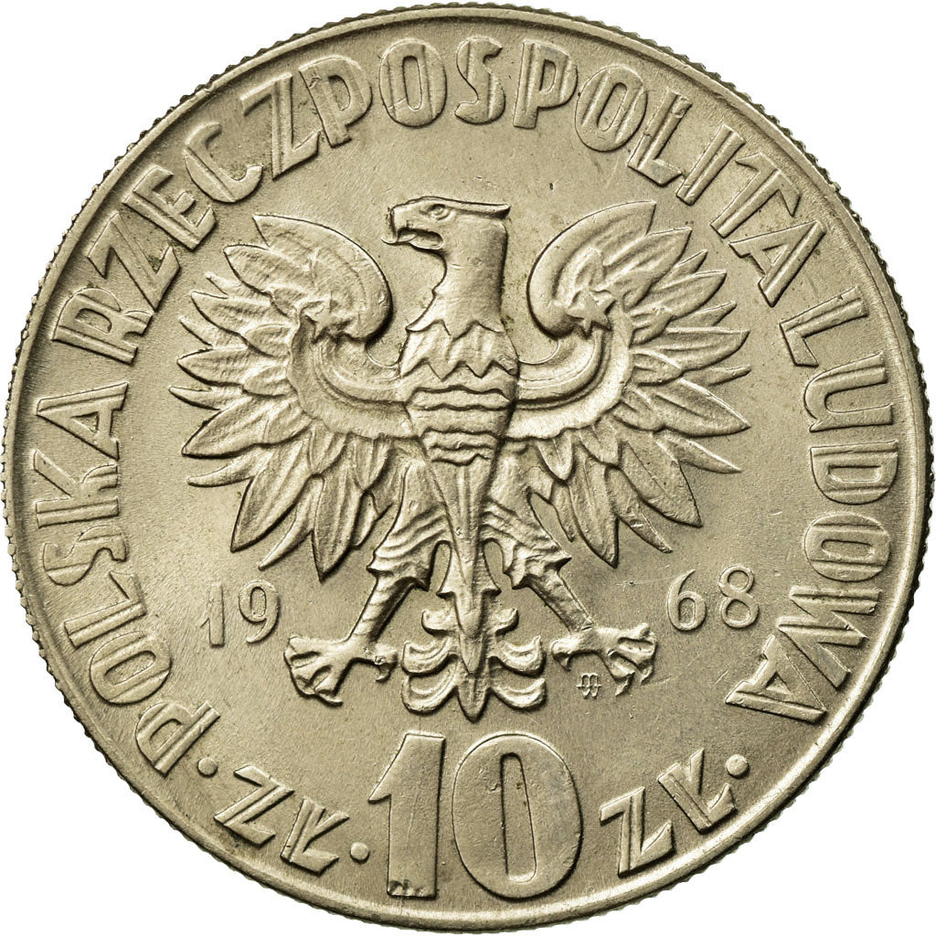 Munten, Polen, 10 Zlotych, 1968, Warsaw, ZF, Copper-nickel, KM:51a