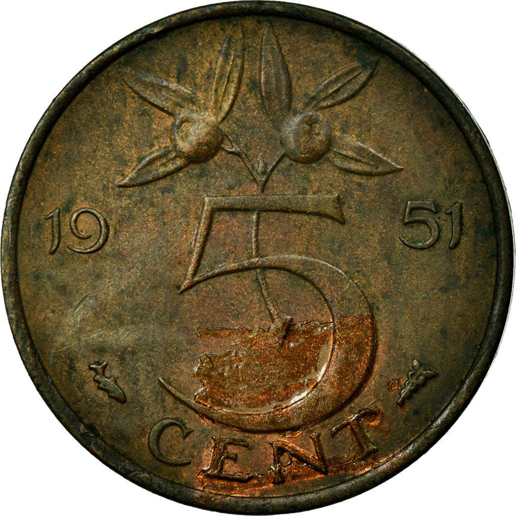 Moeda, Países Baixos, Juliana, 5 Cents, 1951, EF(40-45), Bronze, KM:181