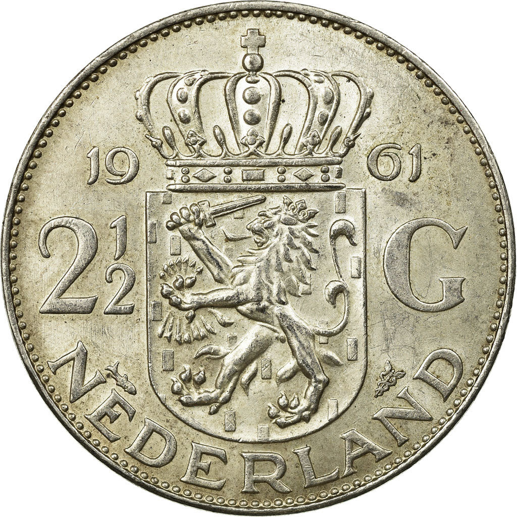 Coin, Netherlands, Juliana, 2-1/2 Gulden, 1961, EF(40-45), Silver, KM:185