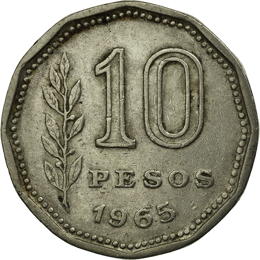 Moneda, Argentina, 10 Pesos, 1965, MBC, Níquel recubierto de acero, KM:60