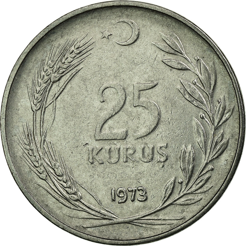 Moeda, Turquia, 25 Kurus, 1973, Paris, EF(40-45), Aço Inoxidável, KM:892.3