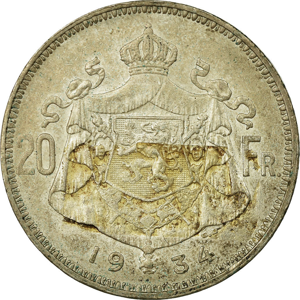 Coin, Belgium, 20 Francs, 20 Frank, 1934, EF(40-45), Silver, KM:104.1