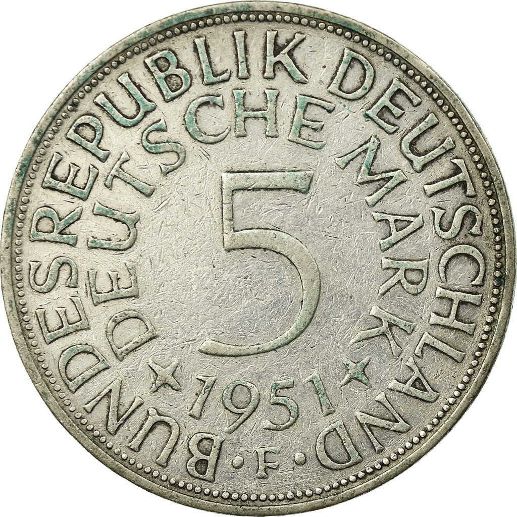 Coin, GERMANY - FEDERAL REPUBLIC, 5 Mark, 1951, Stuttgart, EF(40-45), Silver