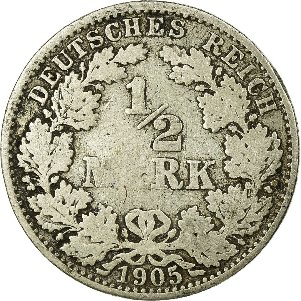 Moeda, ALEMANHA - IMPÉRIO, 1/2 Mark, 1905, Berlin, F(12-15), Prata, KM:17