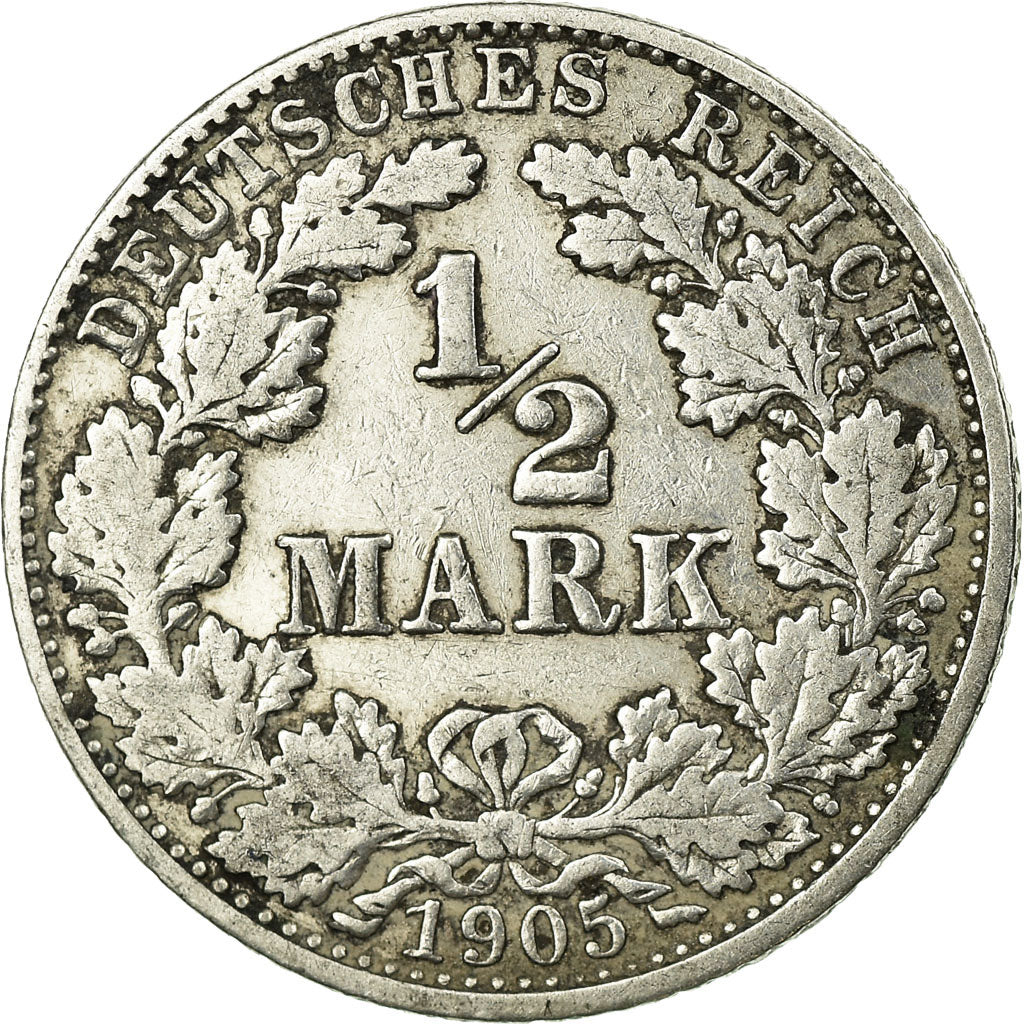 Coin, GERMANY - EMPIRE, 1/2 Mark, 1905, Munich, VF(20-25), Silver, KM:17