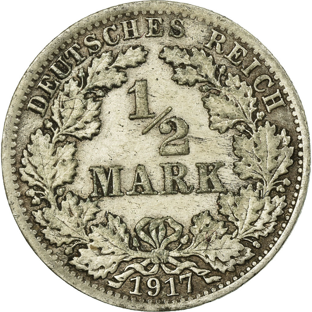 Coin, GERMANY - EMPIRE, 1/2 Mark, 1917, Berlin, VF(20-25), Silver, KM:17