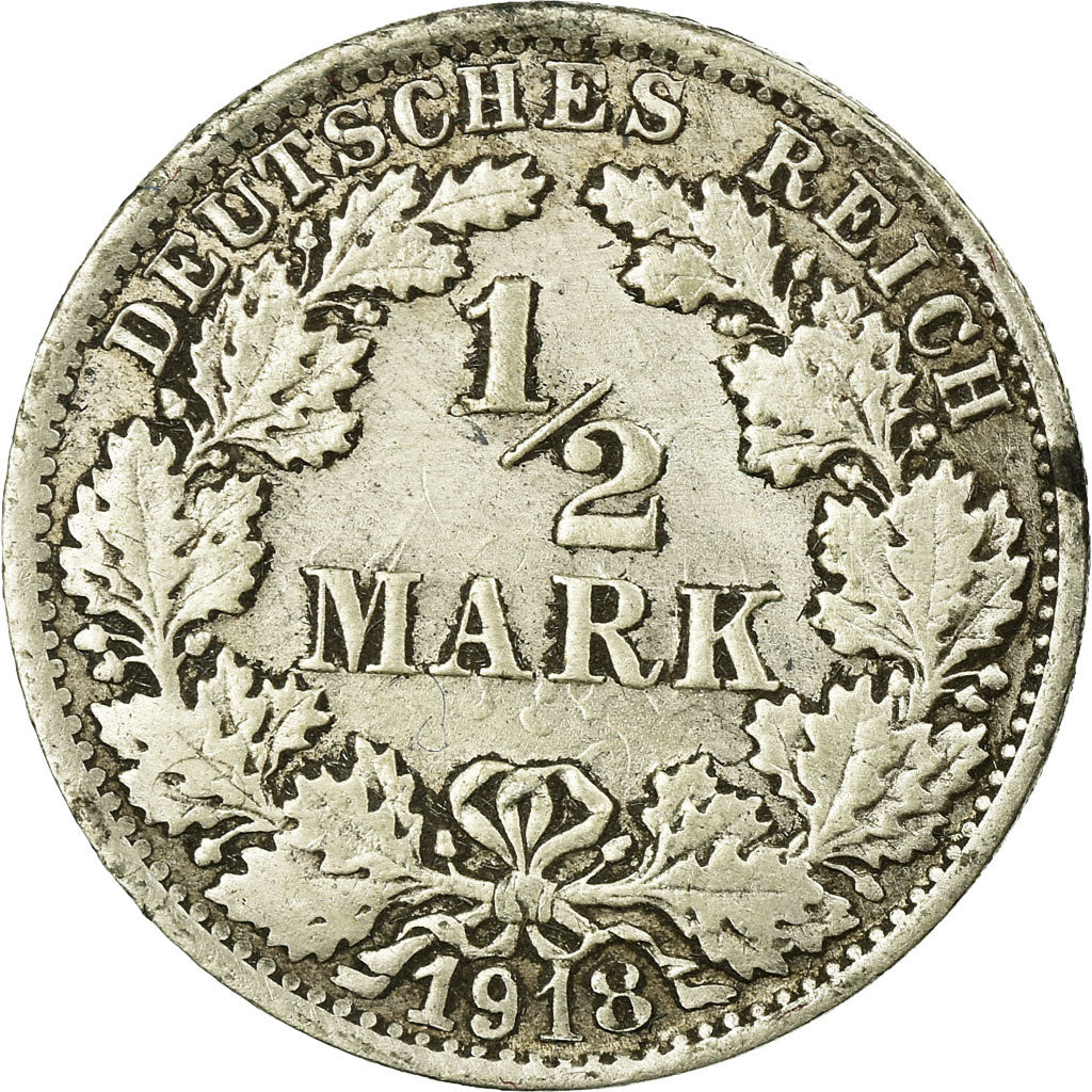 Moeda, ALEMANHA - IMPÉRIO, 1/2 Mark, 1918, Stuttgart, VF(20-25), Prata, KM:17