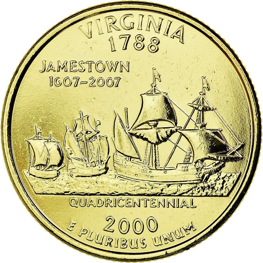 Coin, United States, Virginia, Quarter, 2000, U.S. Mint, AU(55-58), Gold plated