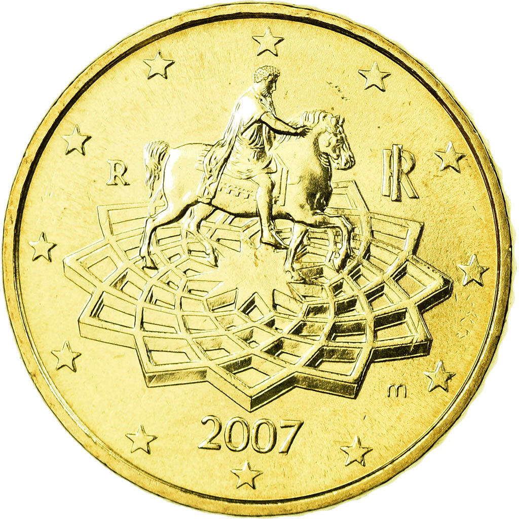 Włochy, 50 Euro Cent, 2007, Rome, MS(63), Mosiądz, KM:215
