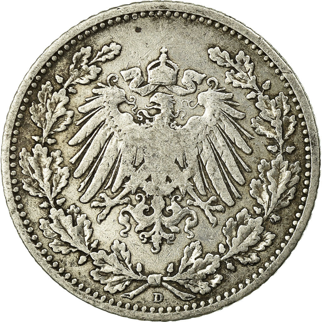Coin, GERMANY - EMPIRE, 1/2 Mark, 1905, Munich, VF(30-35), Silver, KM:17