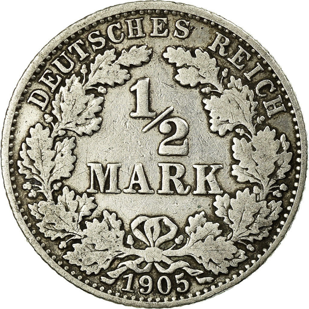 Coin, GERMANY - EMPIRE, 1/2 Mark, 1905, Munich, VF(30-35), Silver, KM:17