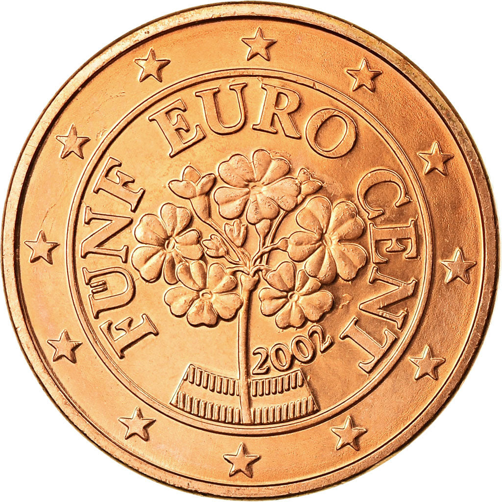 Österreich, 5 Euro Cent, 2002, UNZ, Copper Plated Steel, KM:3084