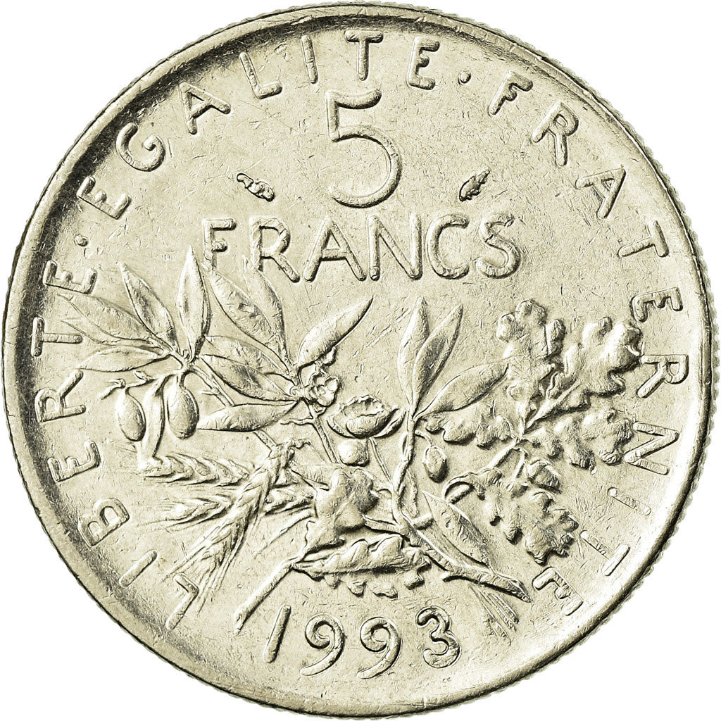 Moeda, França, Semeuse, 5 Francs, 1993, Paris, AU(55-58), Cobre-Níquel